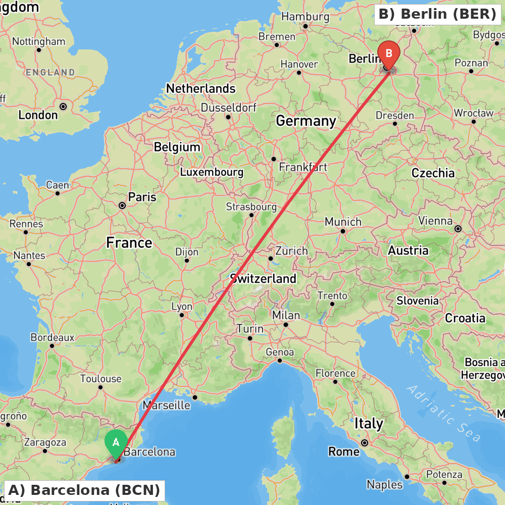 Flight route map from Barcelona to Berlin