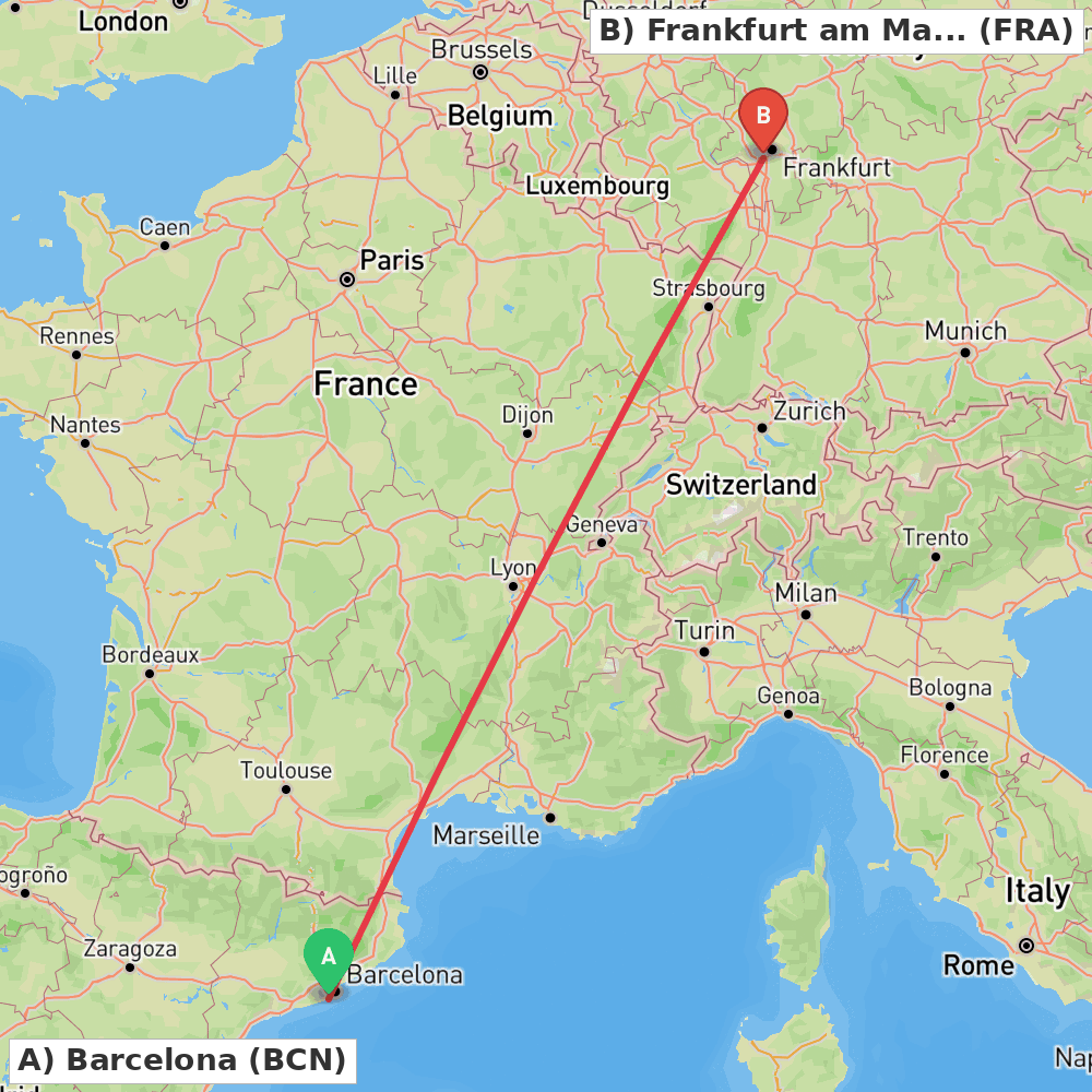 Flight route map from Barcelona to Frankfurt am Main