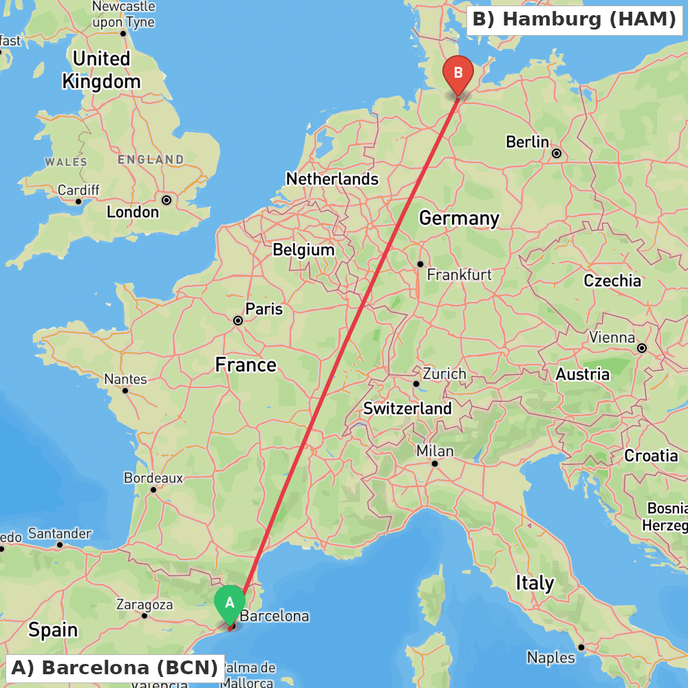 Flight route map from Barcelona to Hamburg
