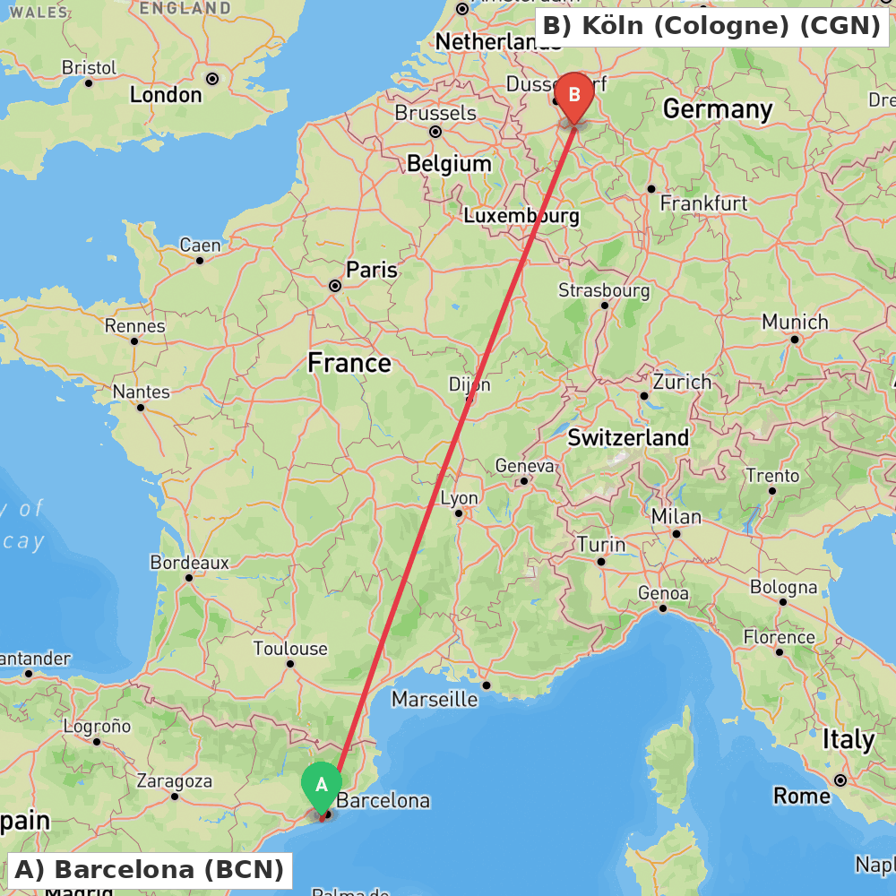 Flight route map from Barcelona to Köln (Cologne)