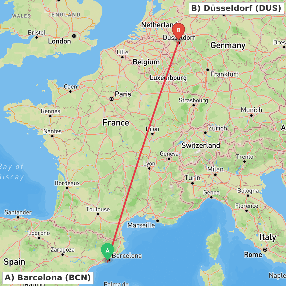 Flight route map from Barcelona to Düsseldorf
