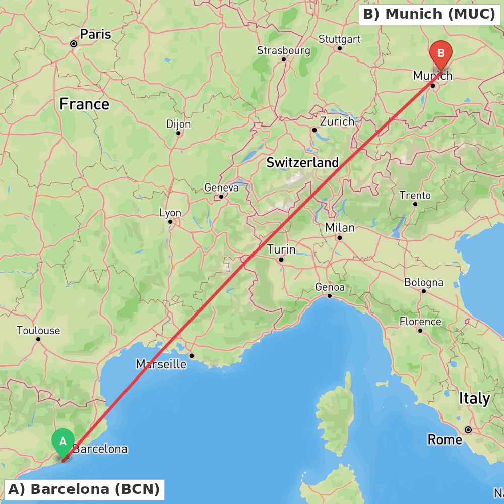 Flight route map from Barcelona to Munich