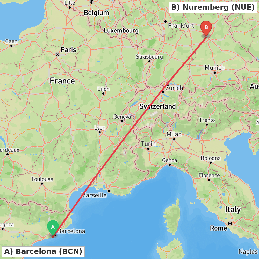 Flight route map from Barcelona to Nuremberg