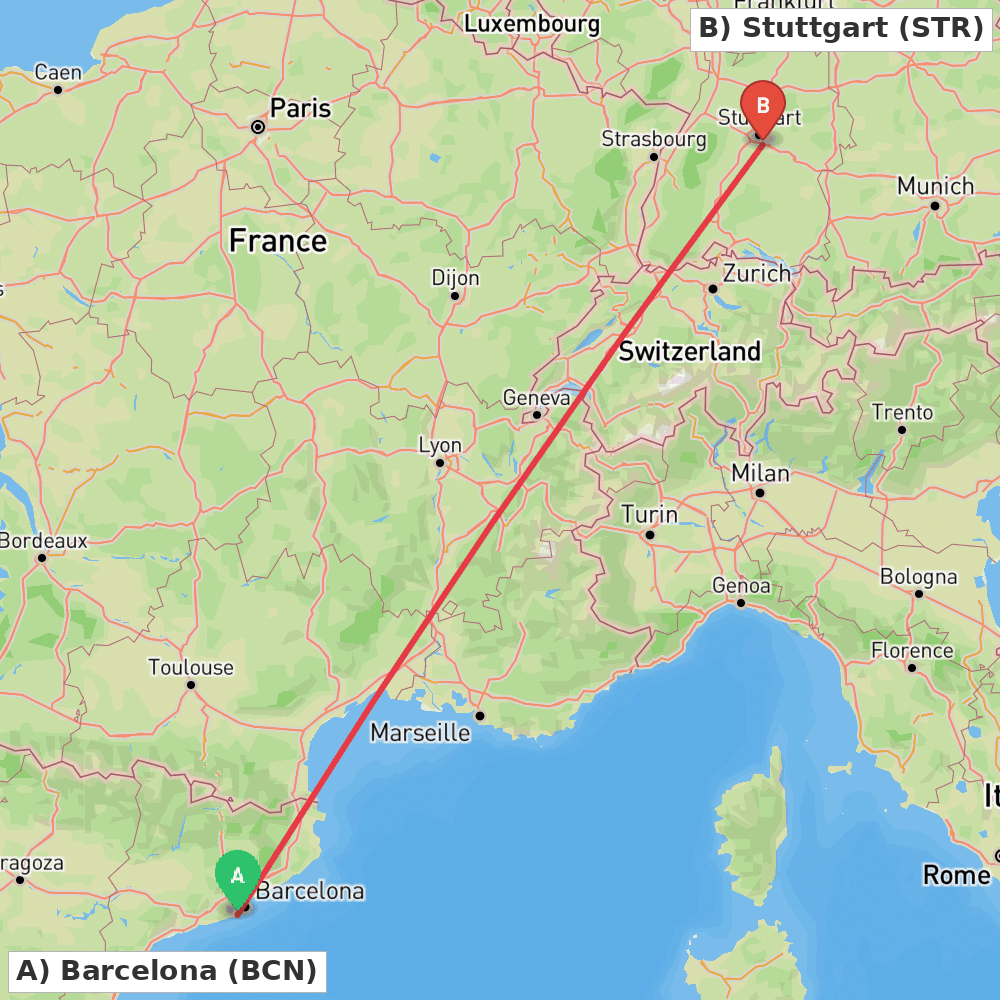 Flight route map from Barcelona to Stuttgart