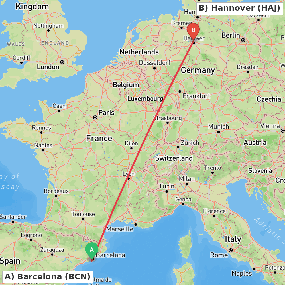 Flight route map from Barcelona to Hannover