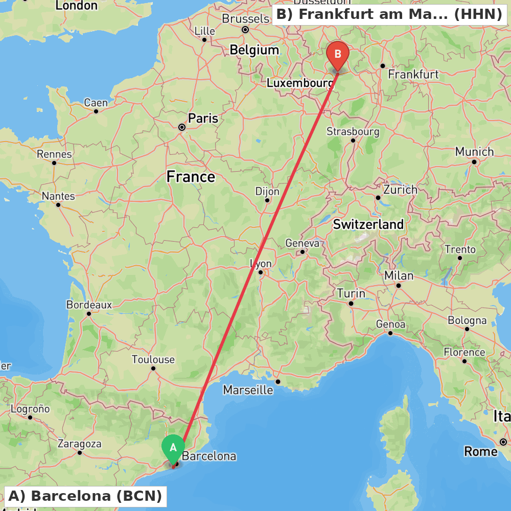 Flight route map from Barcelona to Frankfurt am Main (Lautzenhausen)