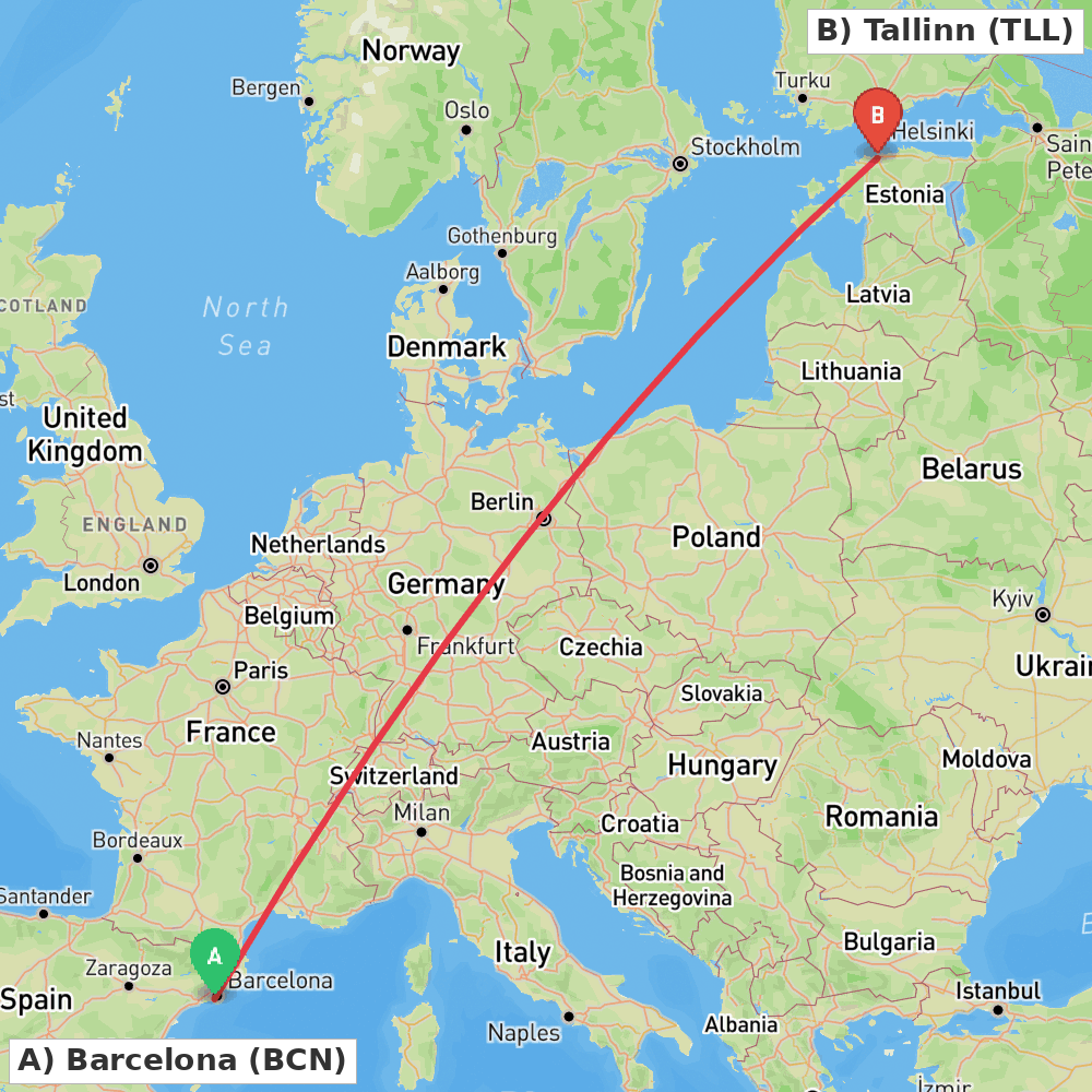Flight route map from Barcelona to Tallinn
