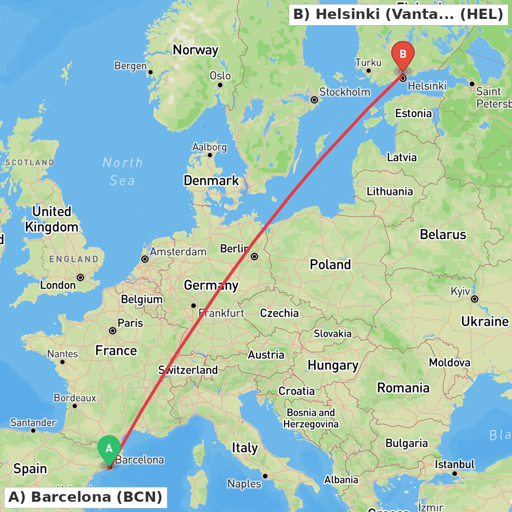 Flight route map from Barcelona to Helsinki (Vantaa)