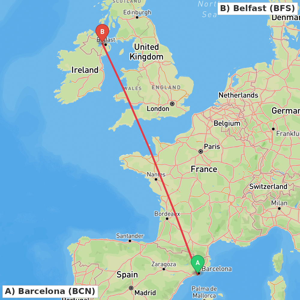 Flight route map from Barcelona to Belfast