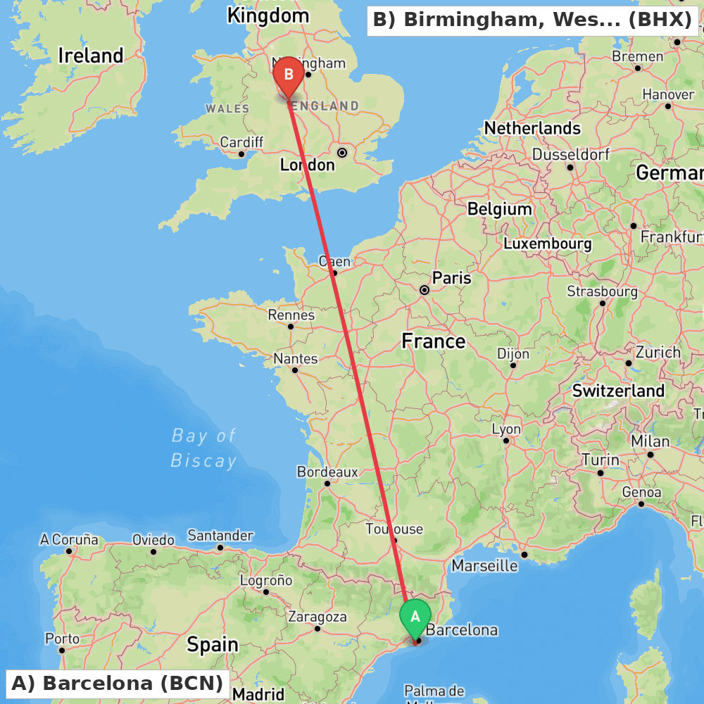 Flight route map from Barcelona to Birmingham, West Midlands