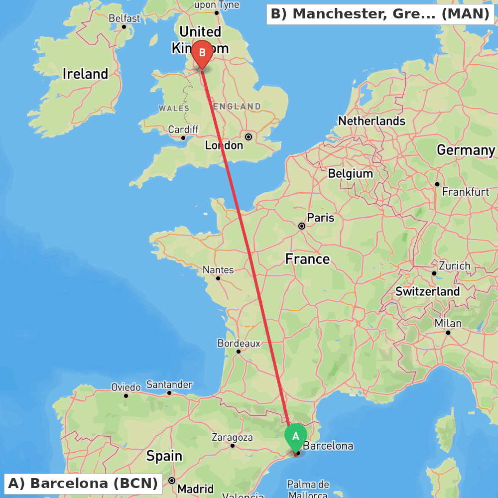 Flight route map from Barcelona to Manchester, Greater Manchester