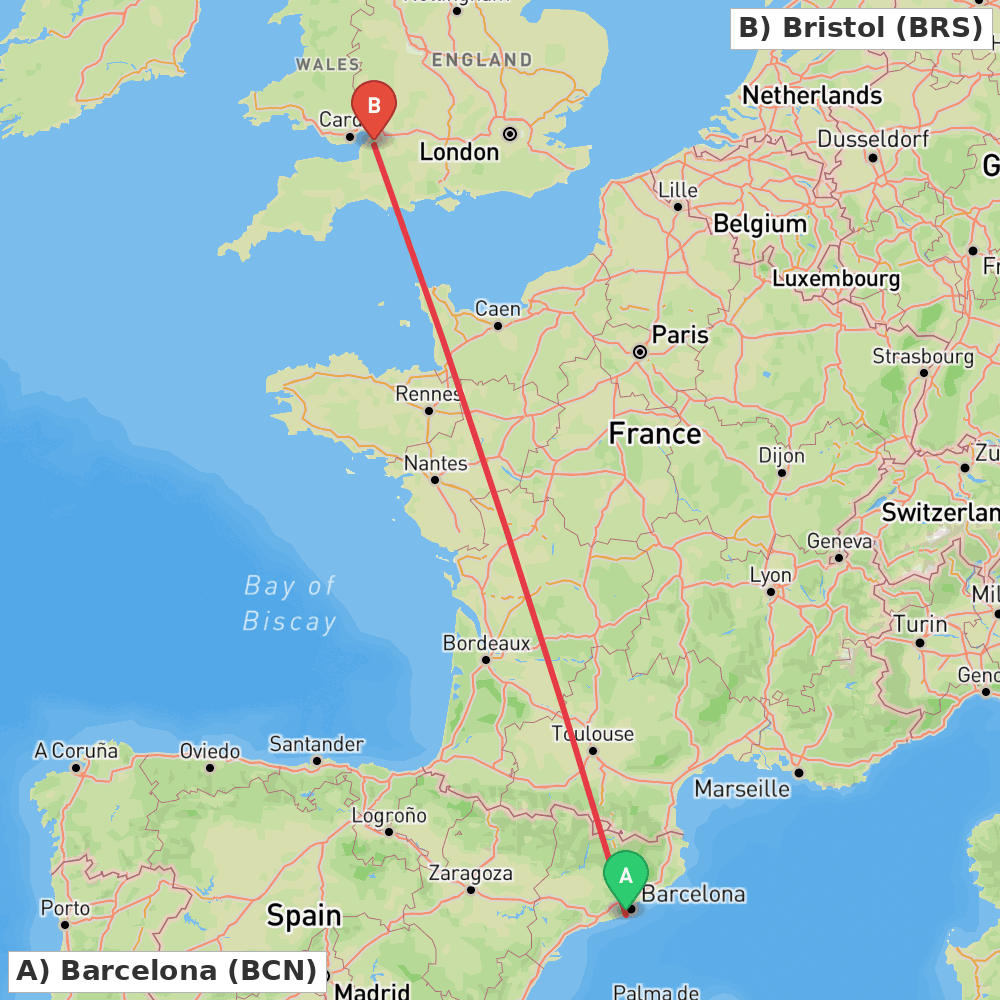 Flight route map from Barcelona to Bristol