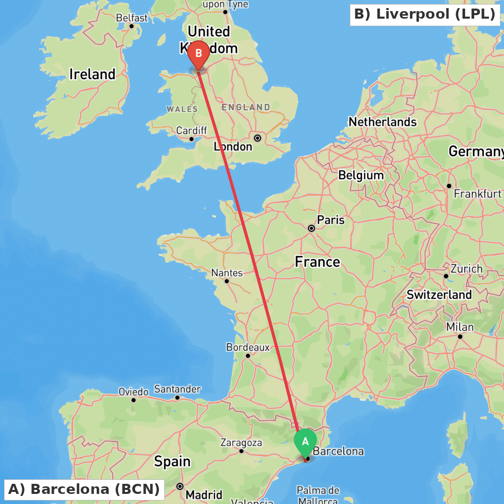 Flight route map from Barcelona to Liverpool
