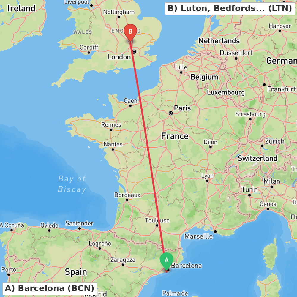 Flight route map from Barcelona to Luton, Bedfordshire