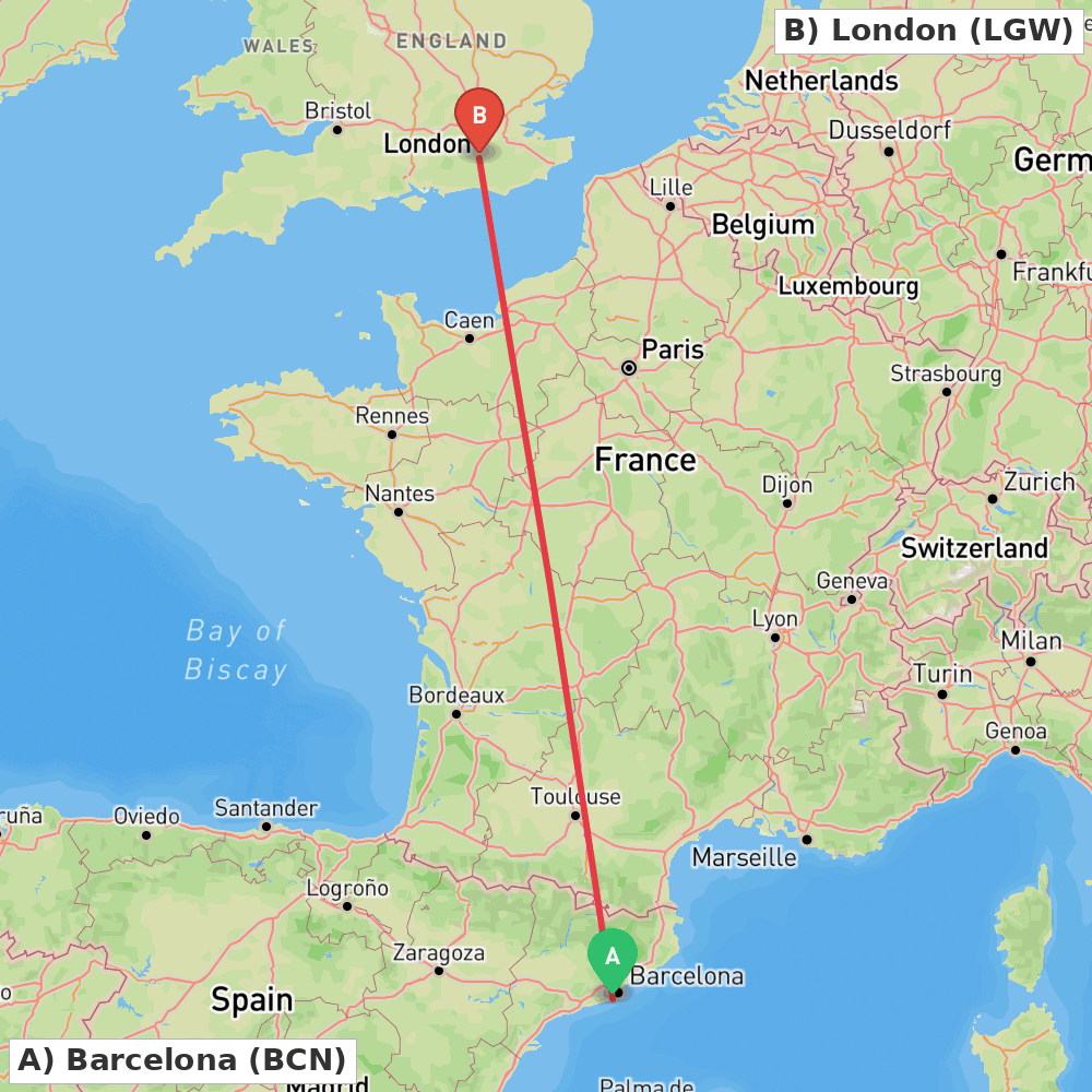 Flight route map from Barcelona to London