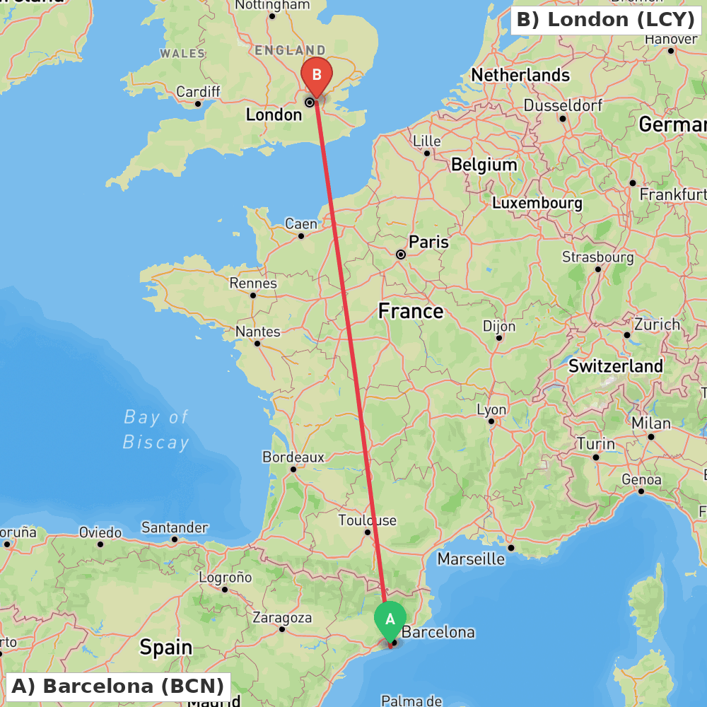 Flight route map from Barcelona to London
