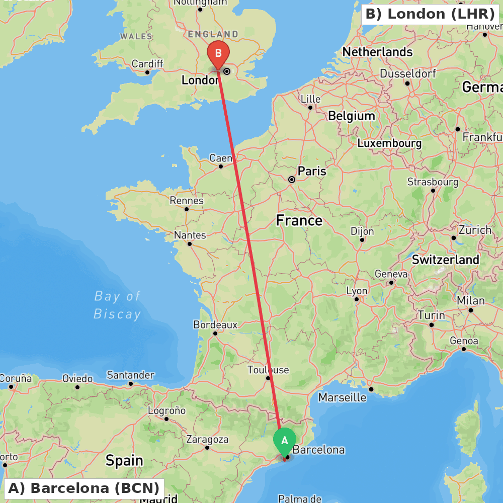 Flight route map from Barcelona to London