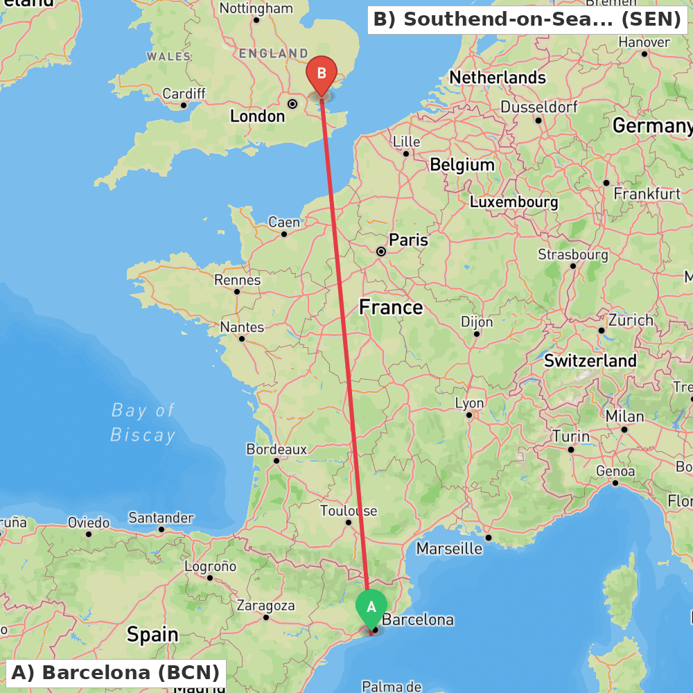 Flight route map from Barcelona to Southend-on-Sea, Essex