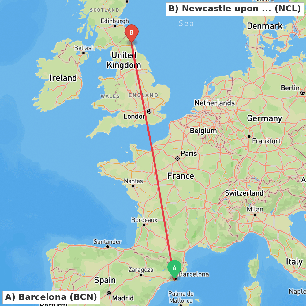 Flight route map from Barcelona to Newcastle upon Tyne, Tyne and Wear