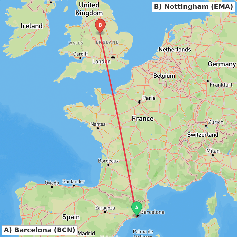Flight route map from Barcelona to Nottingham
