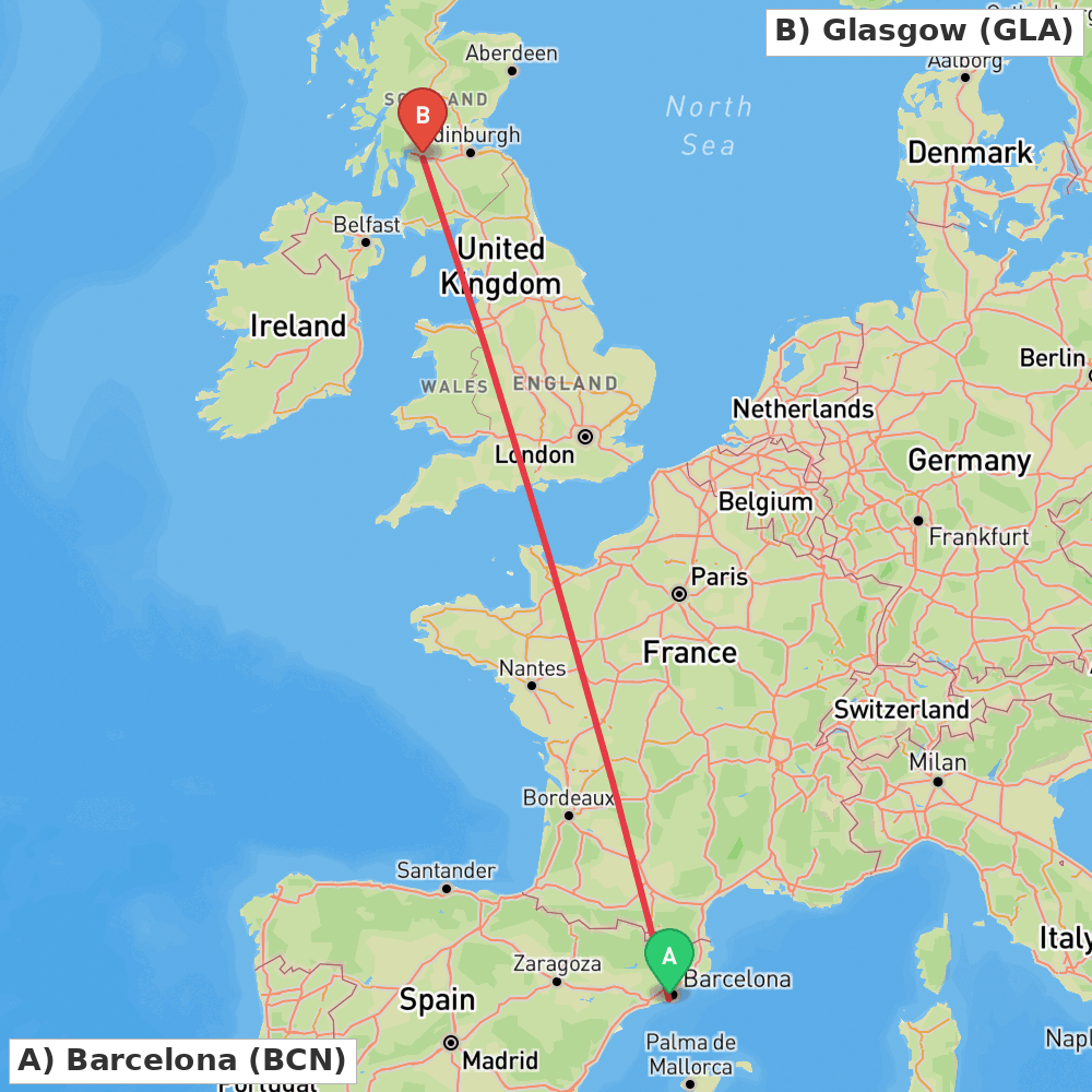 Flight route map from Barcelona to Glasgow