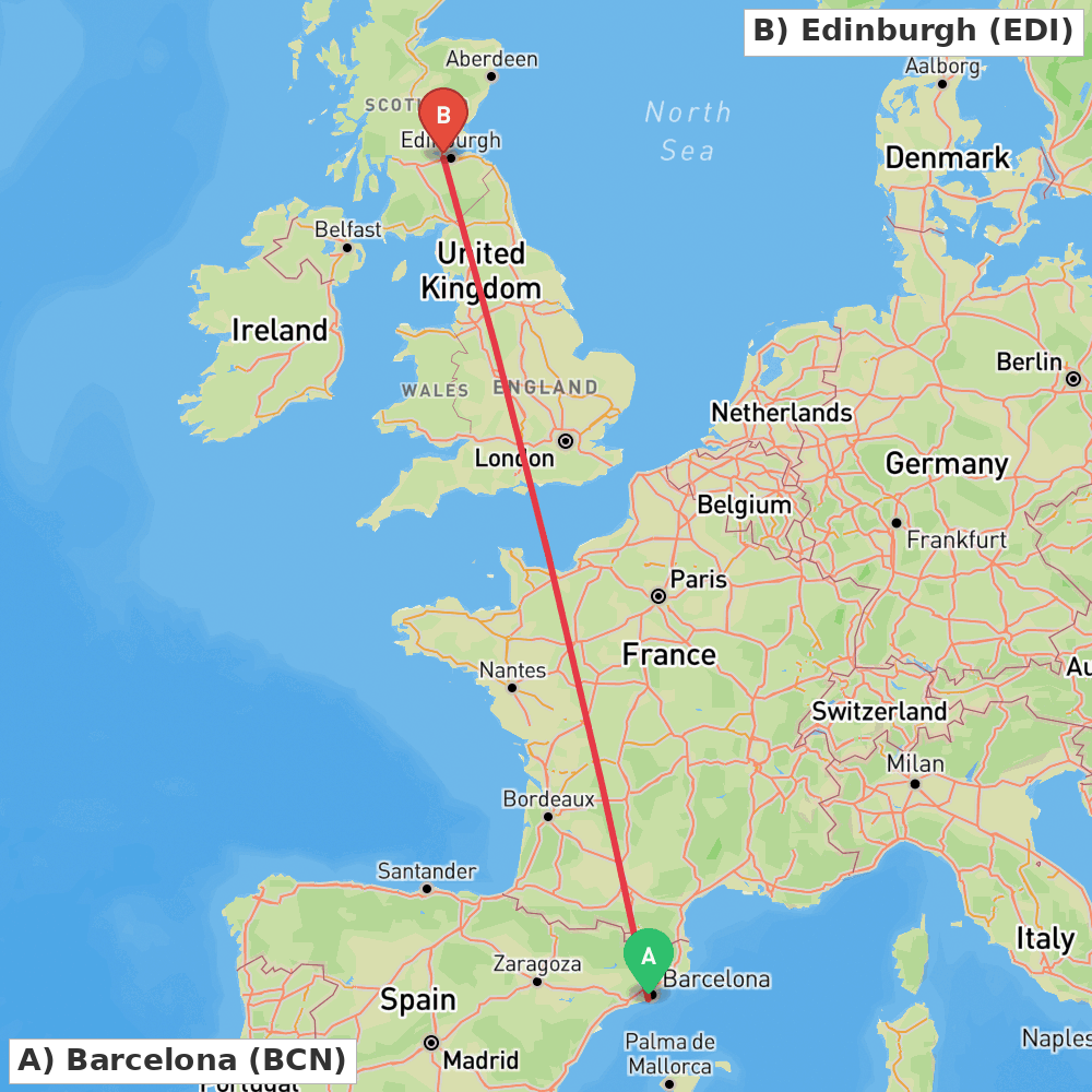 Flight route map from Barcelona to Edinburgh