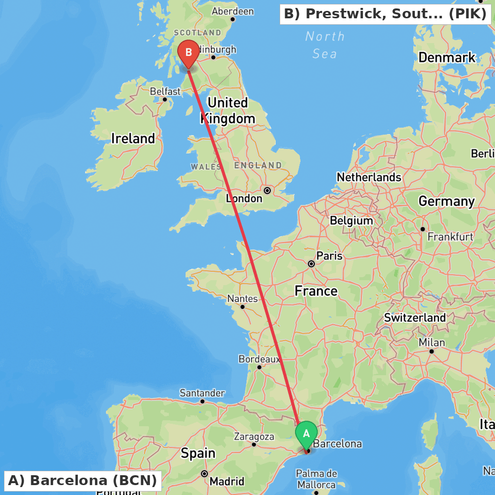 Flight route map from Barcelona to Prestwick, South Ayrshire