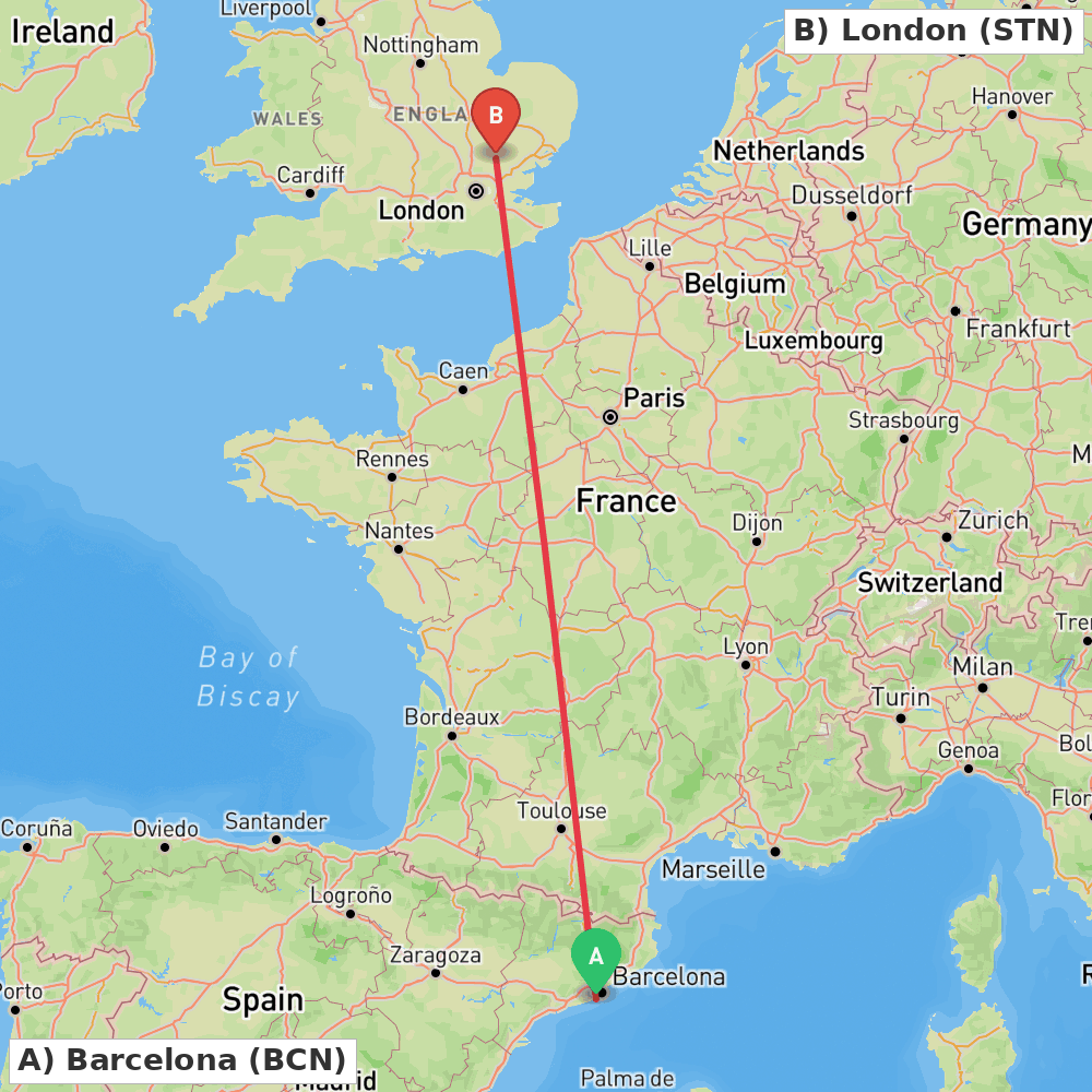 Flight route map from Barcelona to London