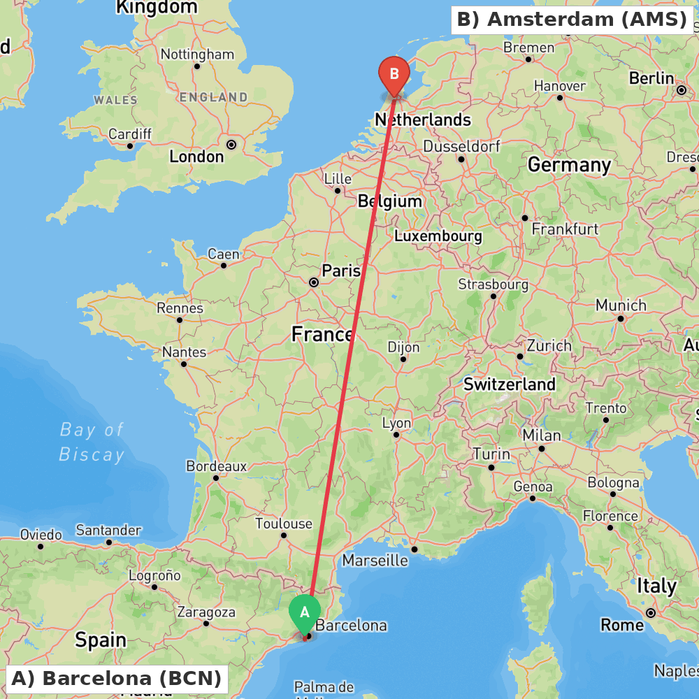 Flight route map from Barcelona to Amsterdam