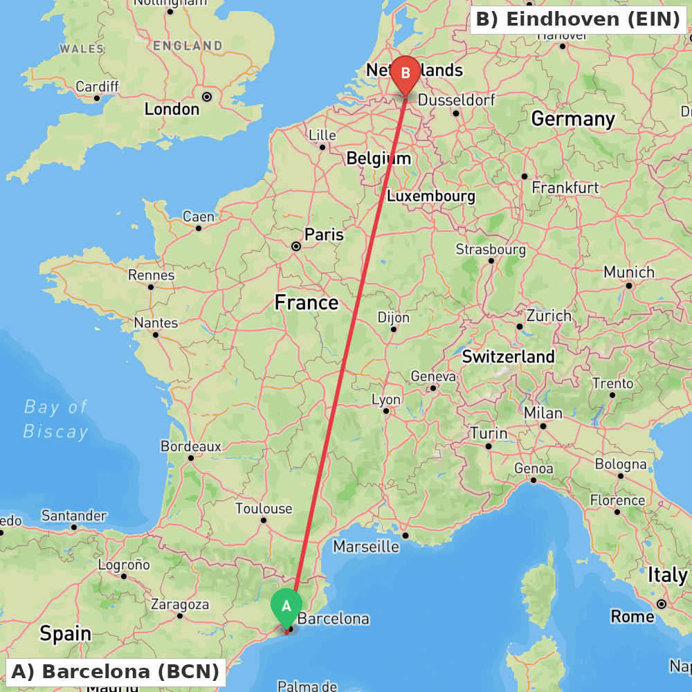 Flight route map from Barcelona to Eindhoven