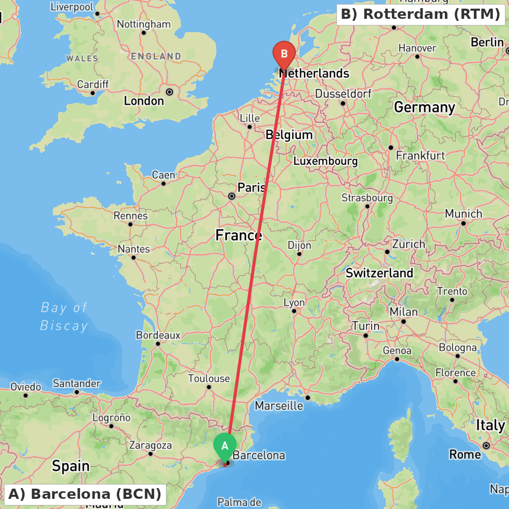 Flight route map from Barcelona to Rotterdam