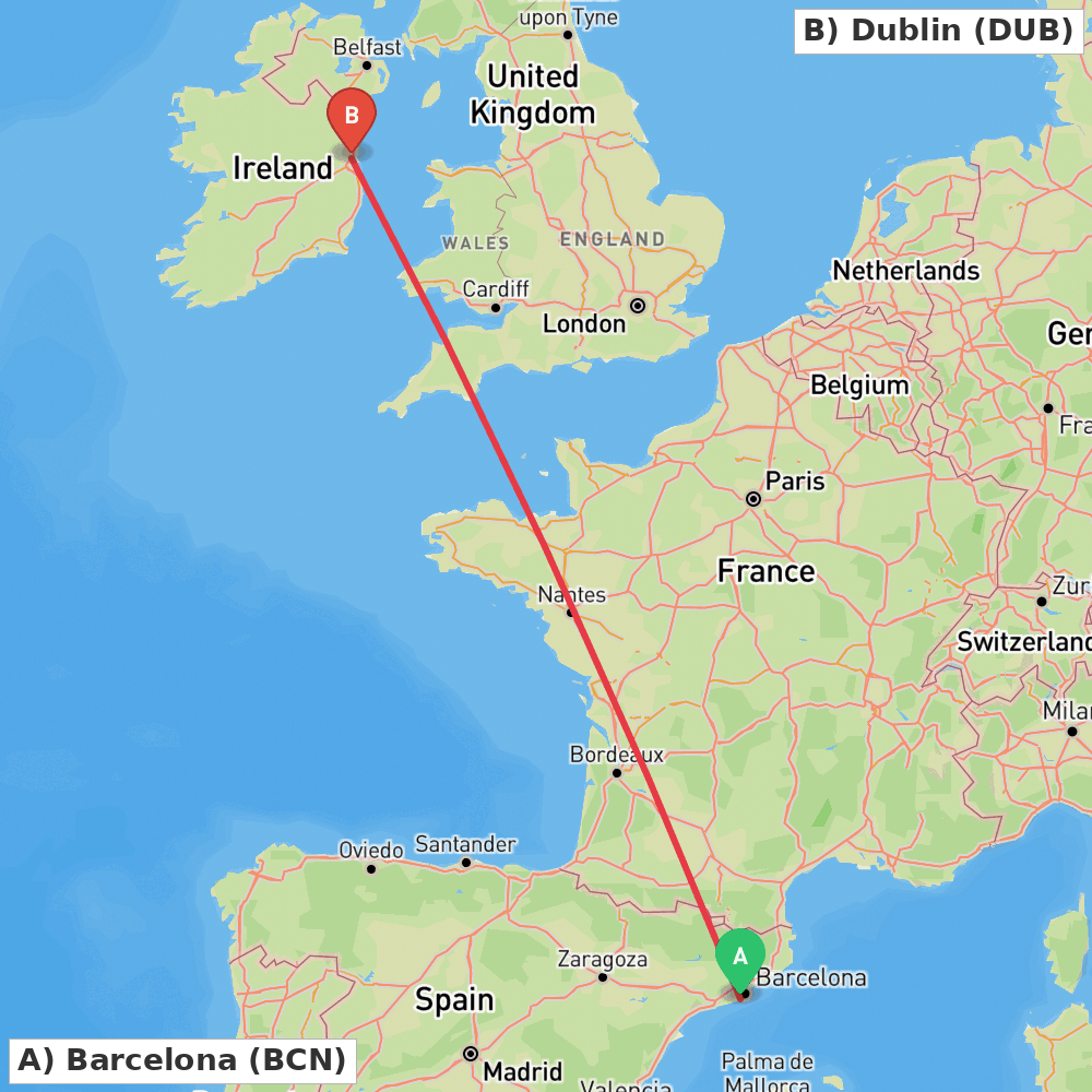 Flight route map from Barcelona to Dublin