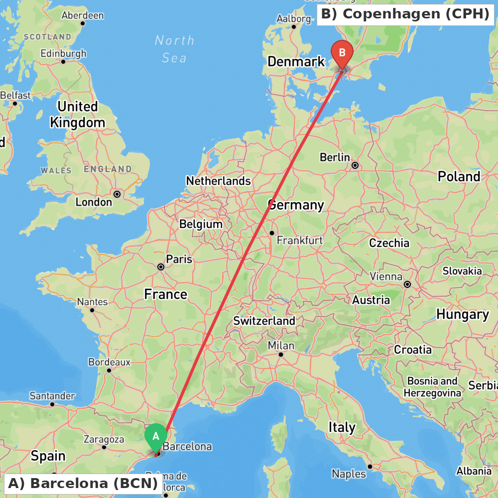 Flight route map from Barcelona to Copenhagen