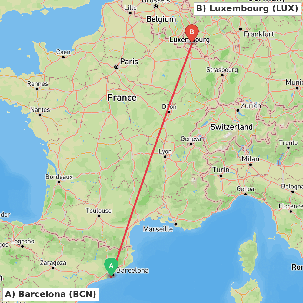 Flight route map from Barcelona to Luxembourg