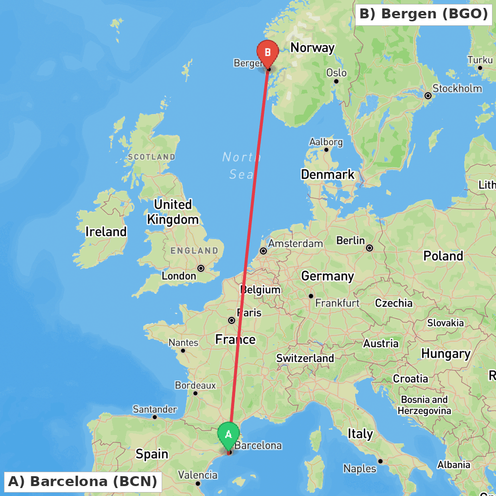 Flight route map from Barcelona to Bergen