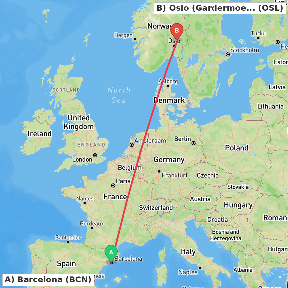 Flight route map from Barcelona to Oslo (Gardermoen)