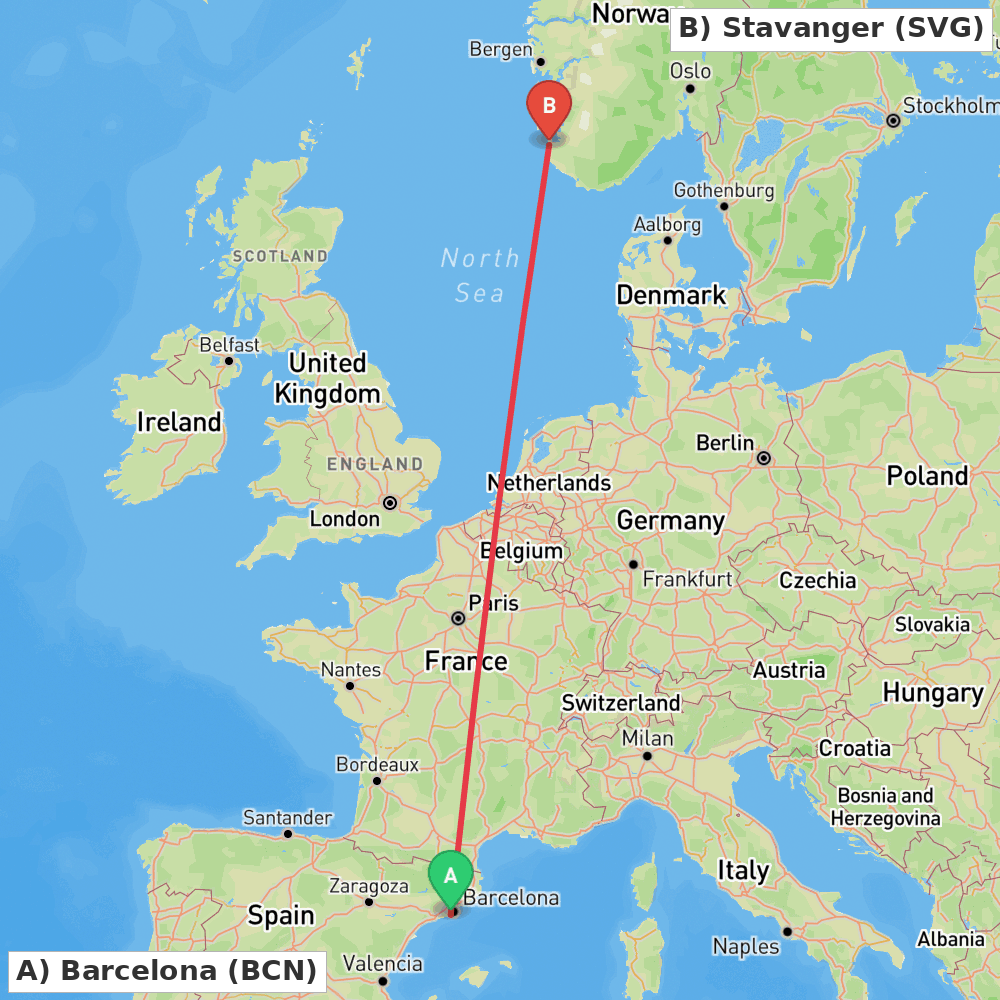 Flight route map from Barcelona to Stavanger