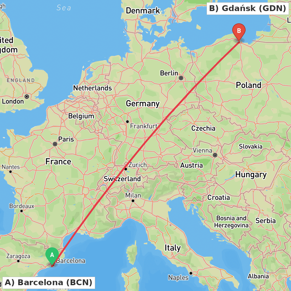Flight route map from Barcelona to Gdańsk