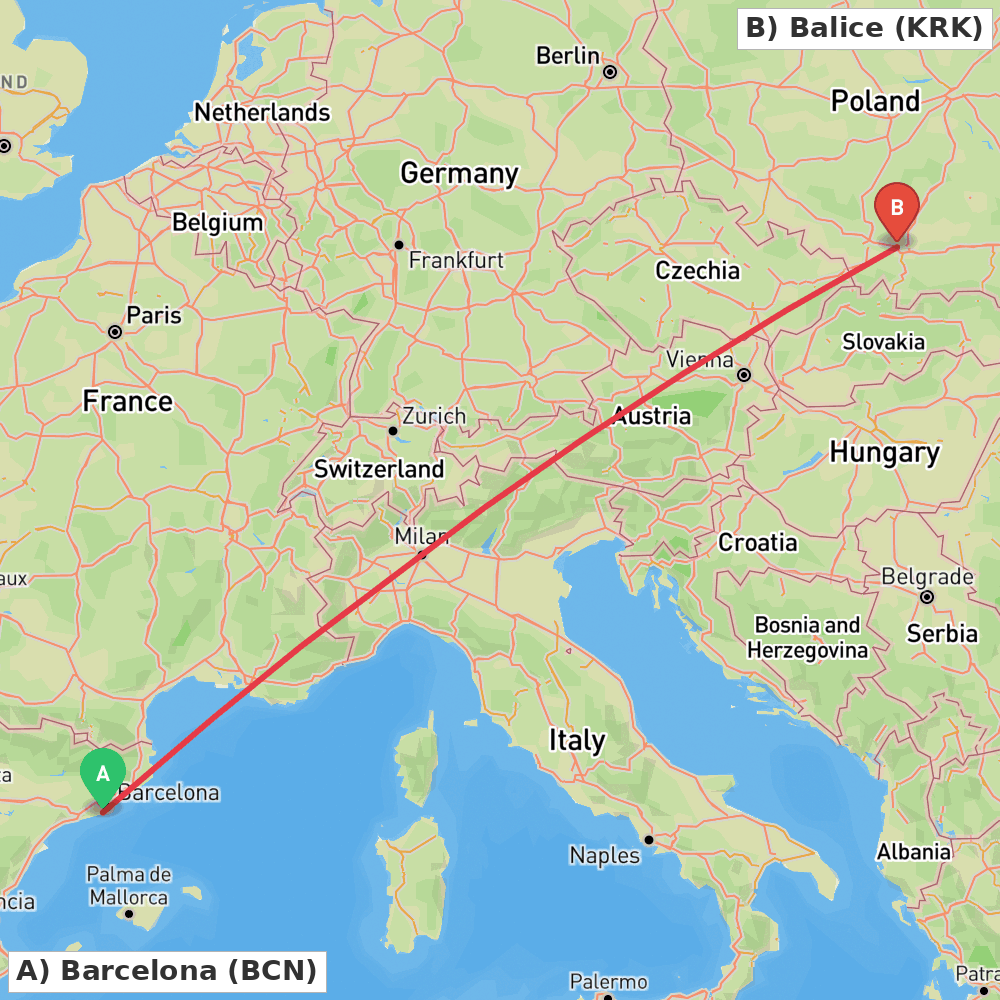 Flight route map from Barcelona to Balice