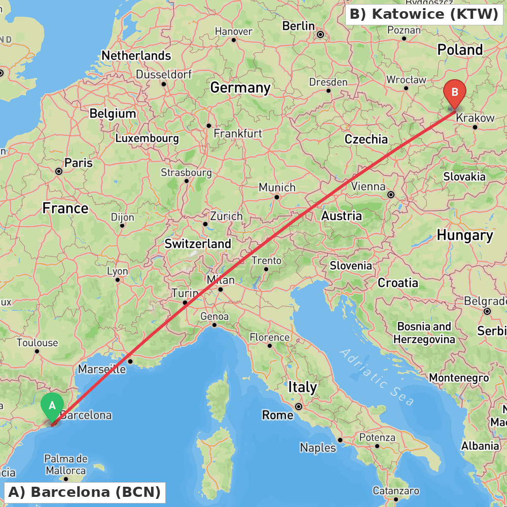 Flight route map from Barcelona to Katowice