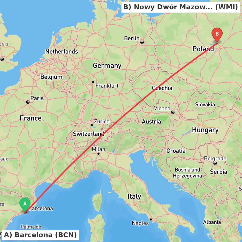 Flight route map from Barcelona to Nowy Dwór Mazowiecki
