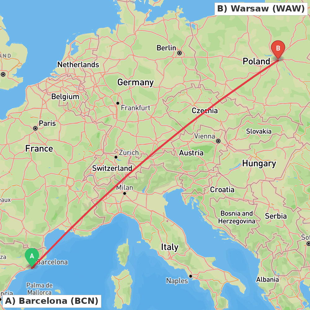 Flight route map from Barcelona to Warsaw