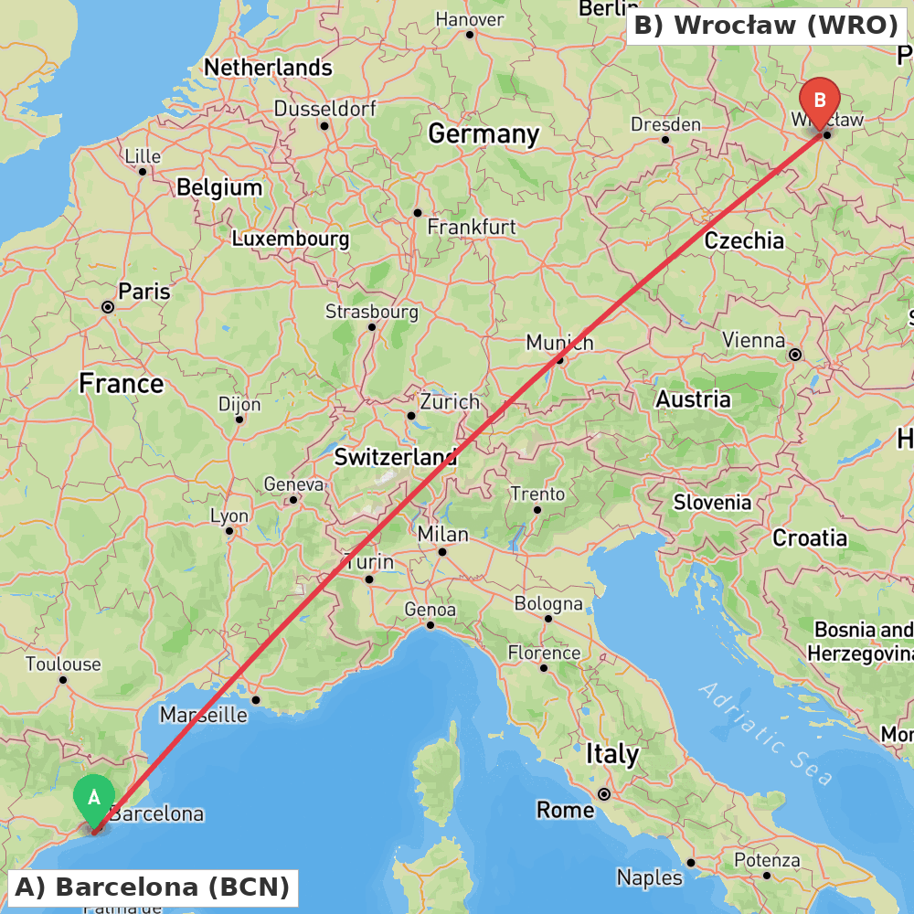 Flight route map from Barcelona to Wrocław