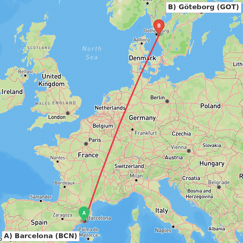 Flight route map from Barcelona to Göteborg