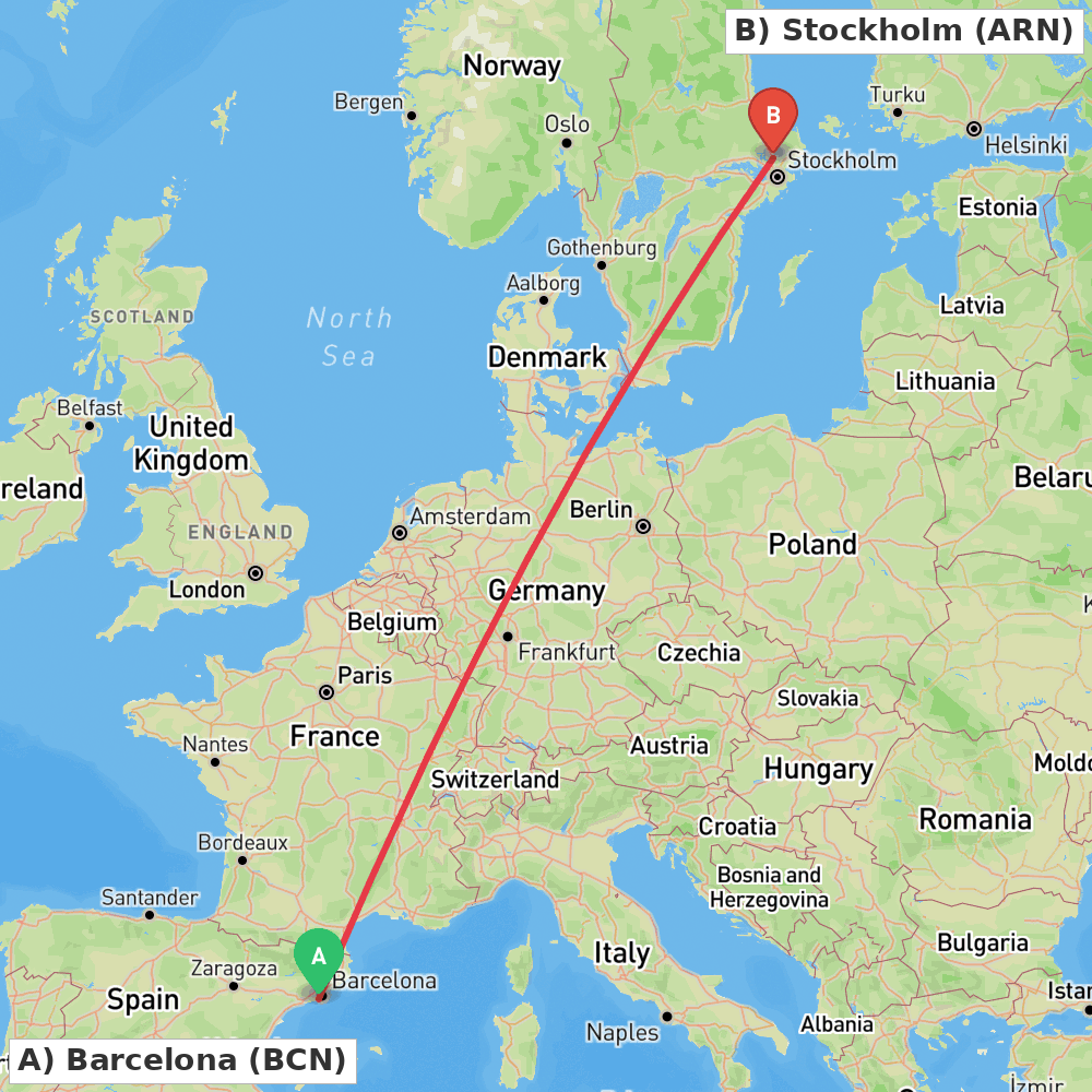 Flight route map from Barcelona to Stockholm