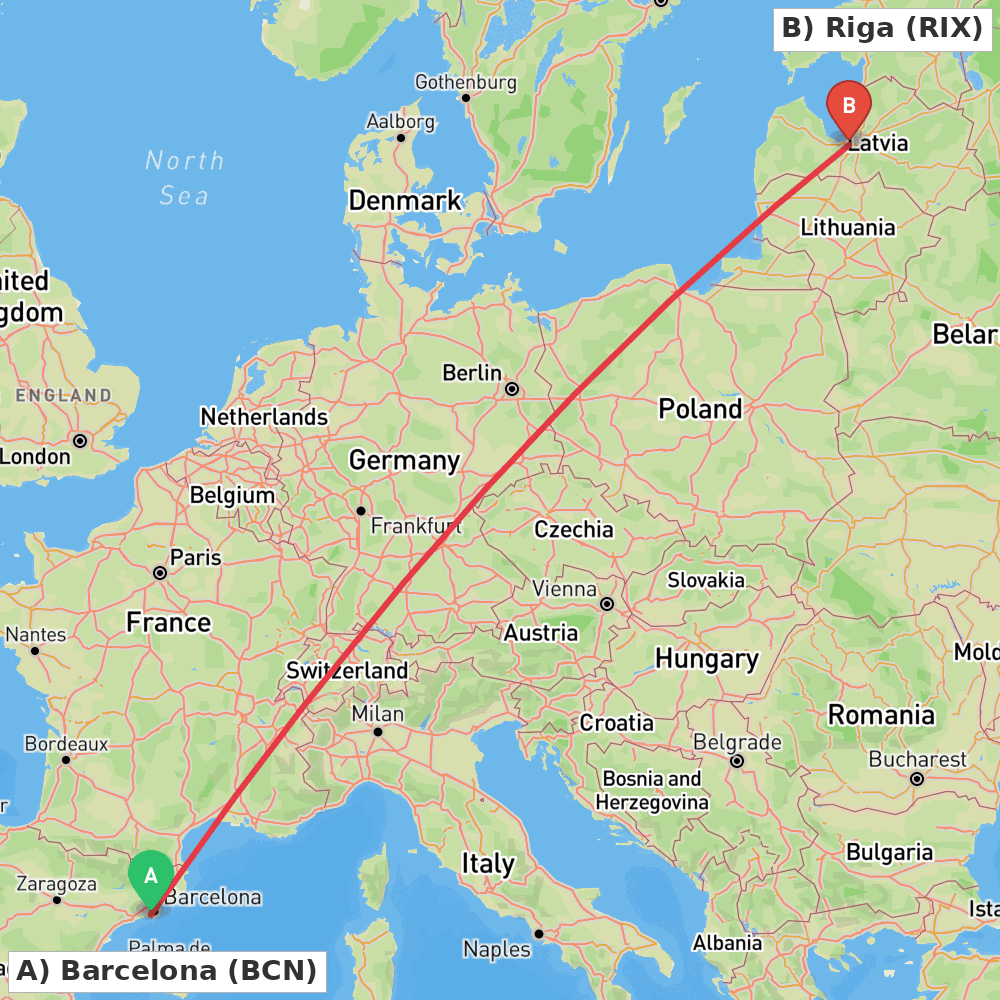 Flight route map from Barcelona to Riga