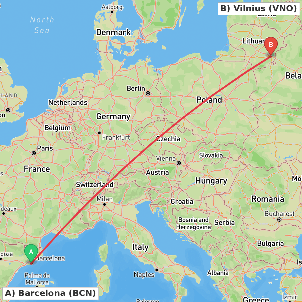 Flight route map from Barcelona to Vilnius