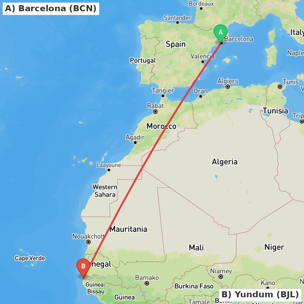 Flight route map from Barcelona to Yundum