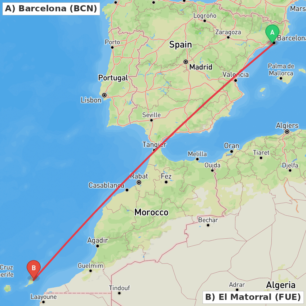 Flight route map from Barcelona to El Matorral