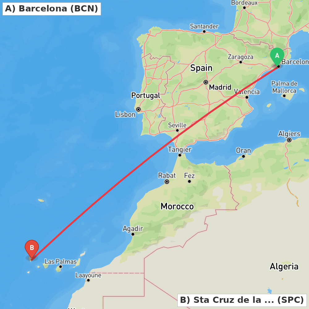 Flight route map from Barcelona to Sta Cruz de la Palma, La Palma Island